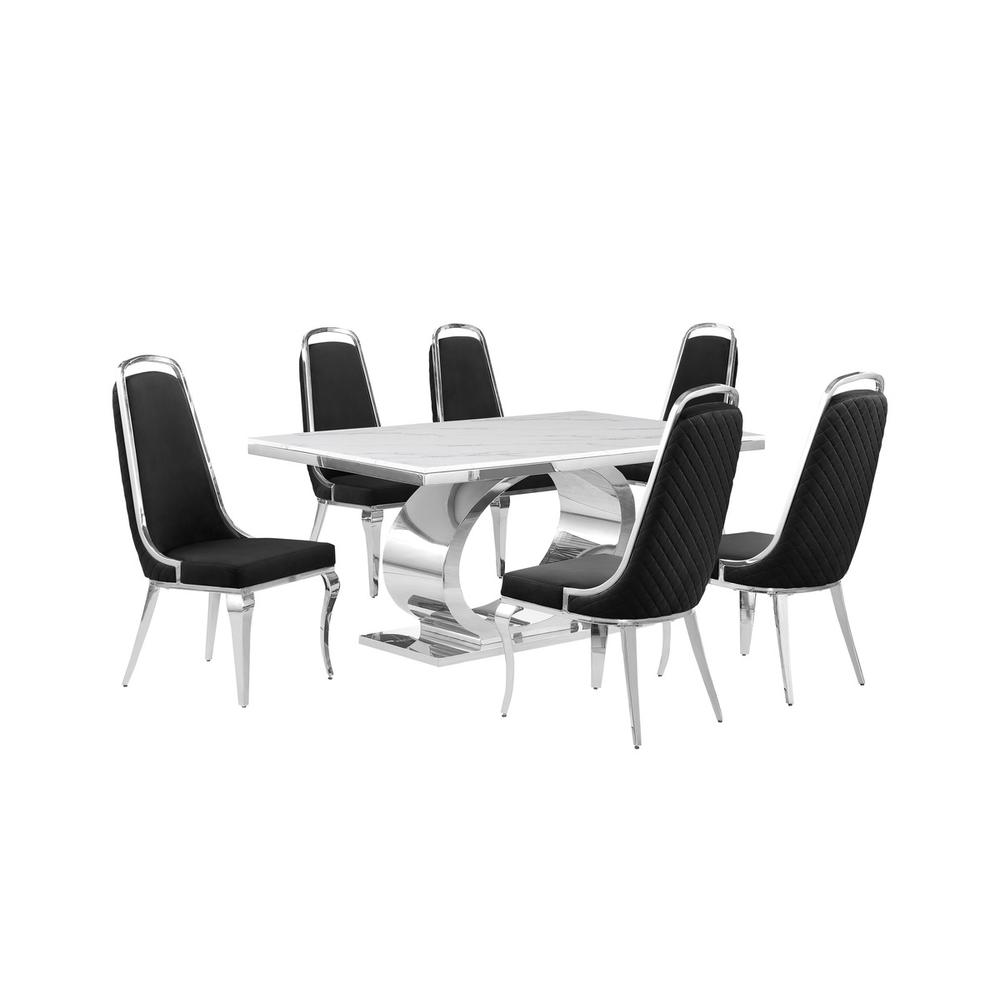7pc Large(68") marble top dining set with silver base and 6 Black side chairs. Picture 1