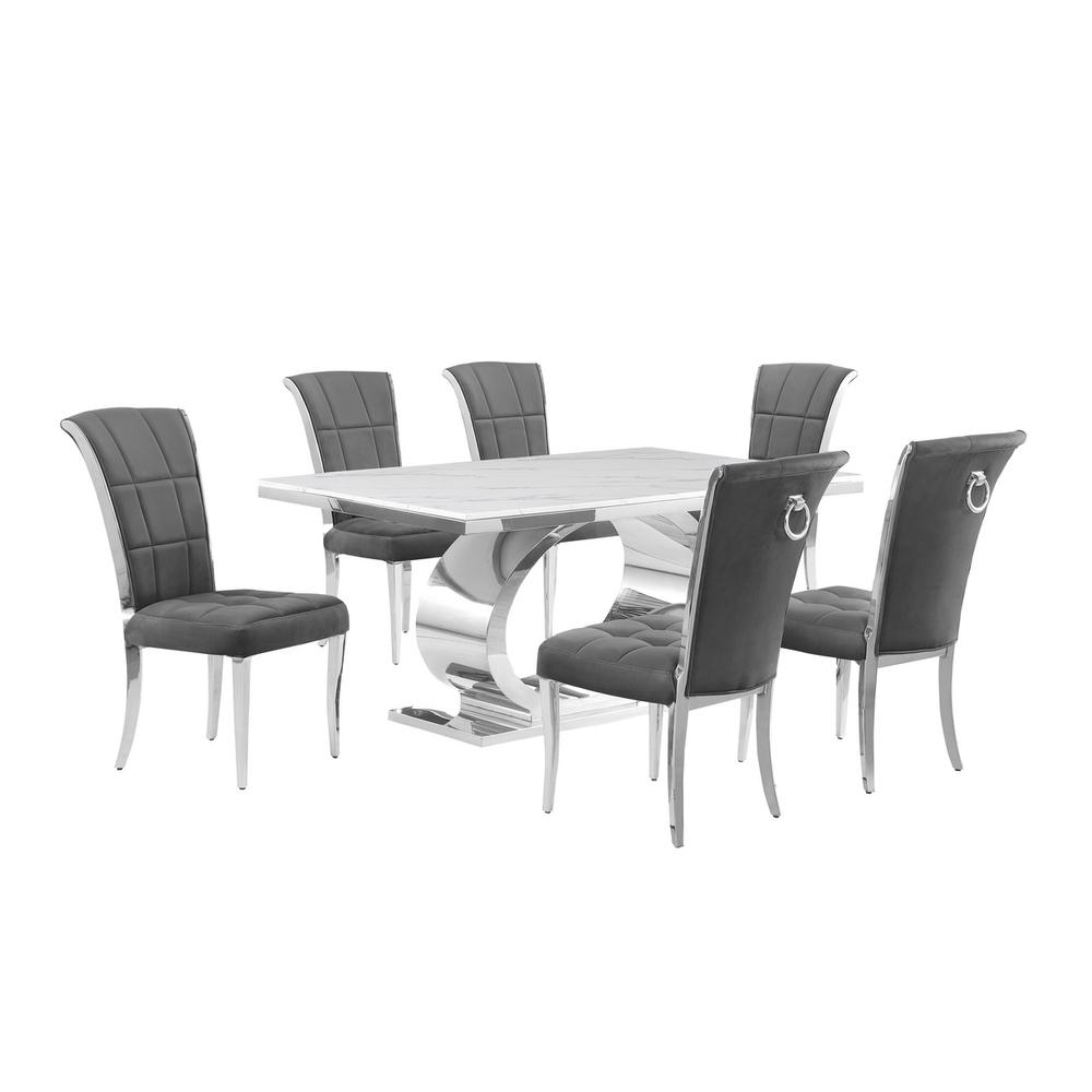 7pc Small(68") marble top dining set with silver base and 6 Dark grey chairs. Picture 1