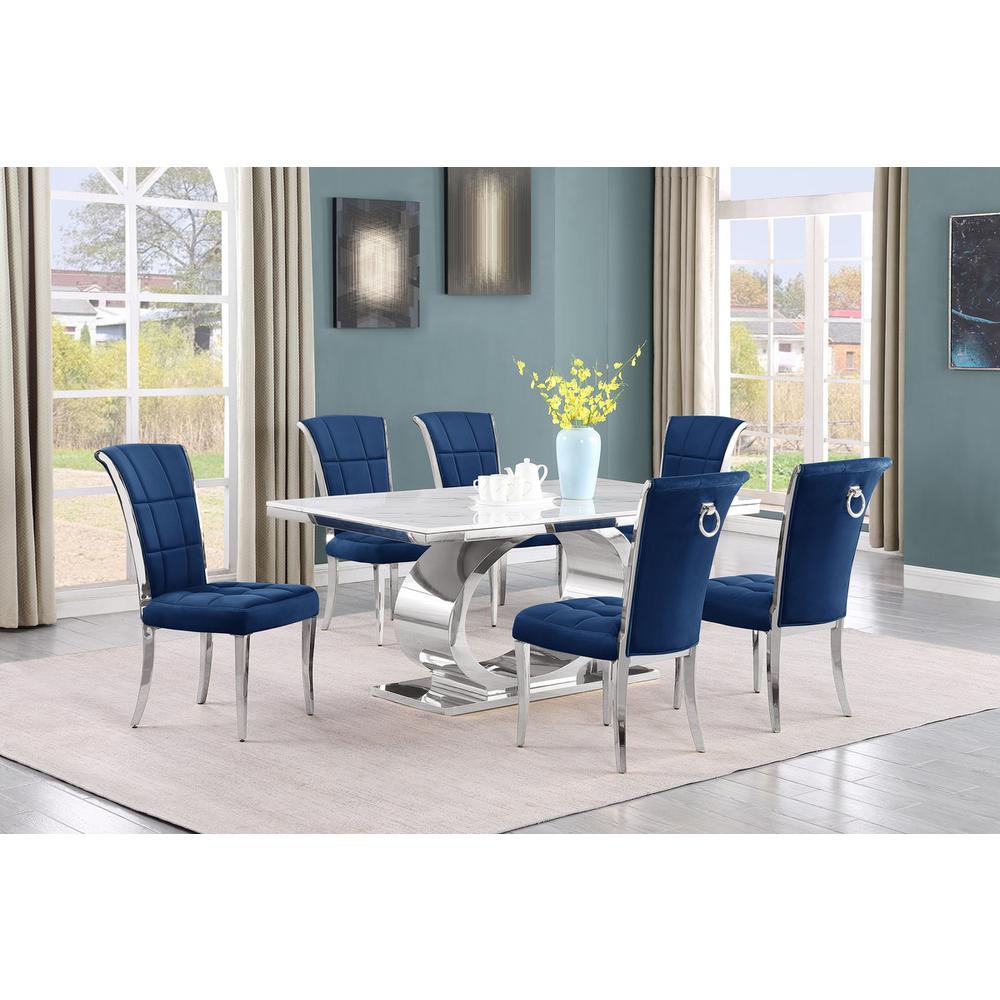 7pc Small(68") marble top dining set with silver base and 6 Navy blue chairs. Picture 5