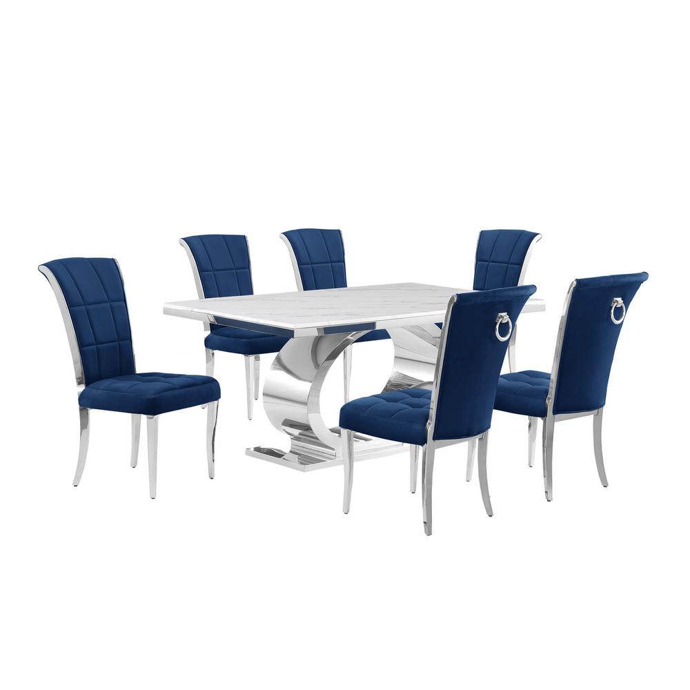 7pc Small(68") marble top dining set with silver base and 6 Navy blue chairs. Picture 1