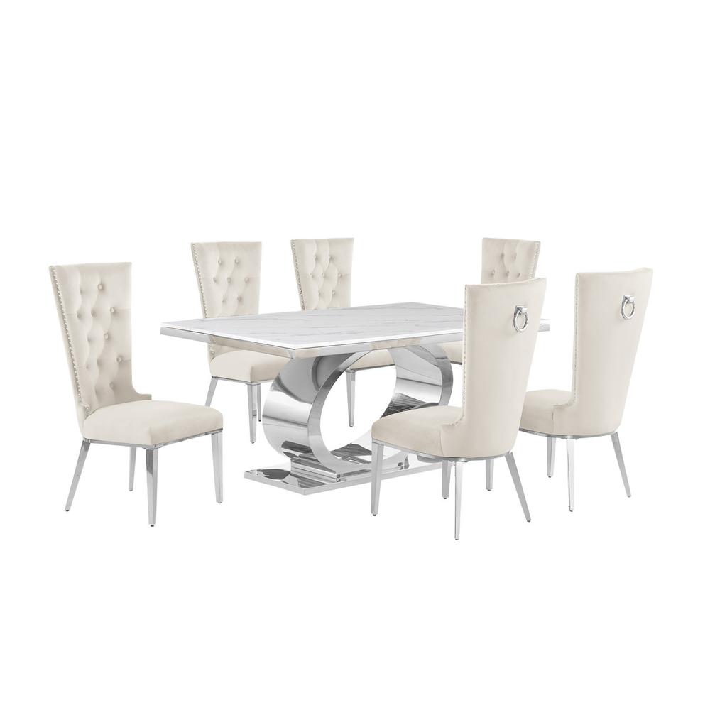 7pc Small(68") marble top dining set with silver base and 6 Cream side chairs. Picture 1