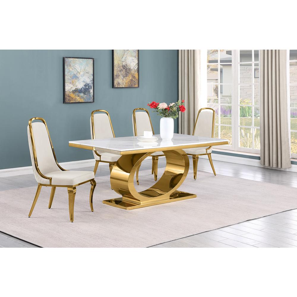 5pc Small(68") marble top dining set with gold base and 4 Cream side chairs. Picture 5