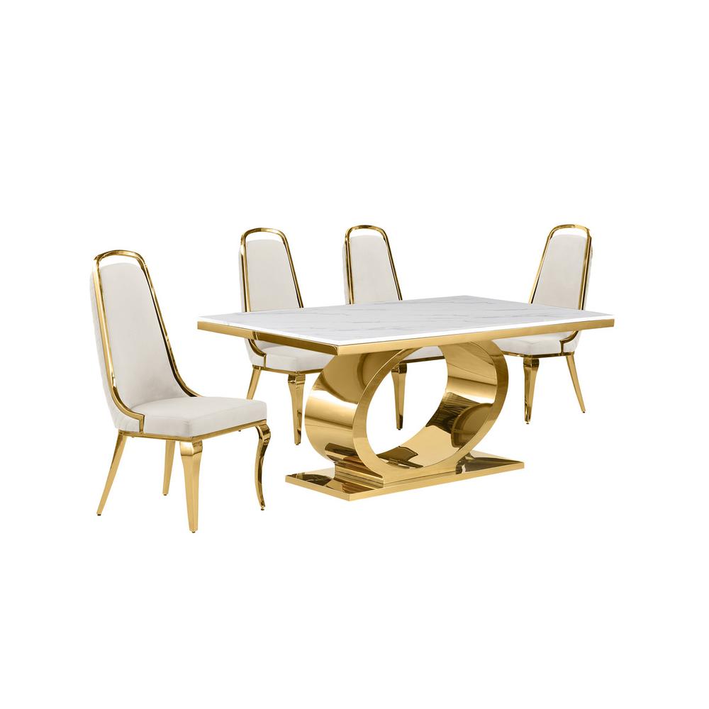 5pc Small(68") marble top dining set with gold base and 4 Cream side chairs. Picture 1