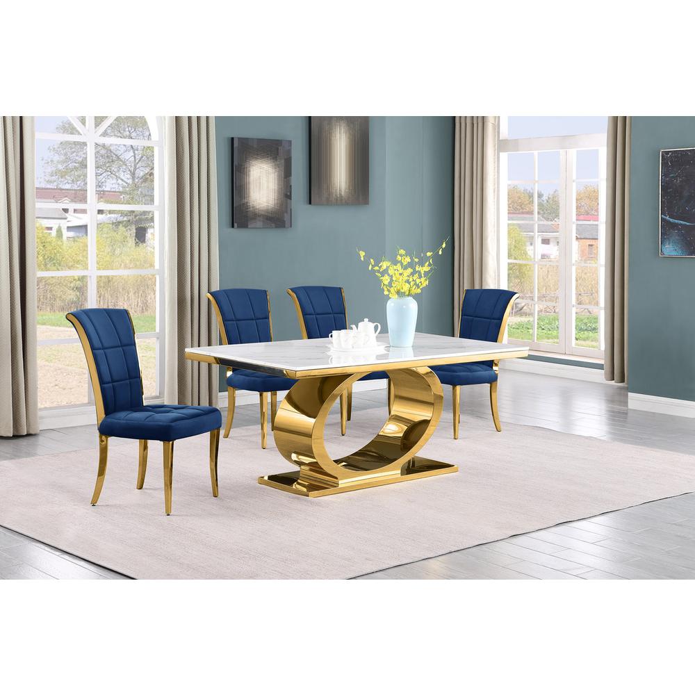 5pc Small(68") marble top dining set with gold base and 4 Navy blue side chairs. Picture 5
