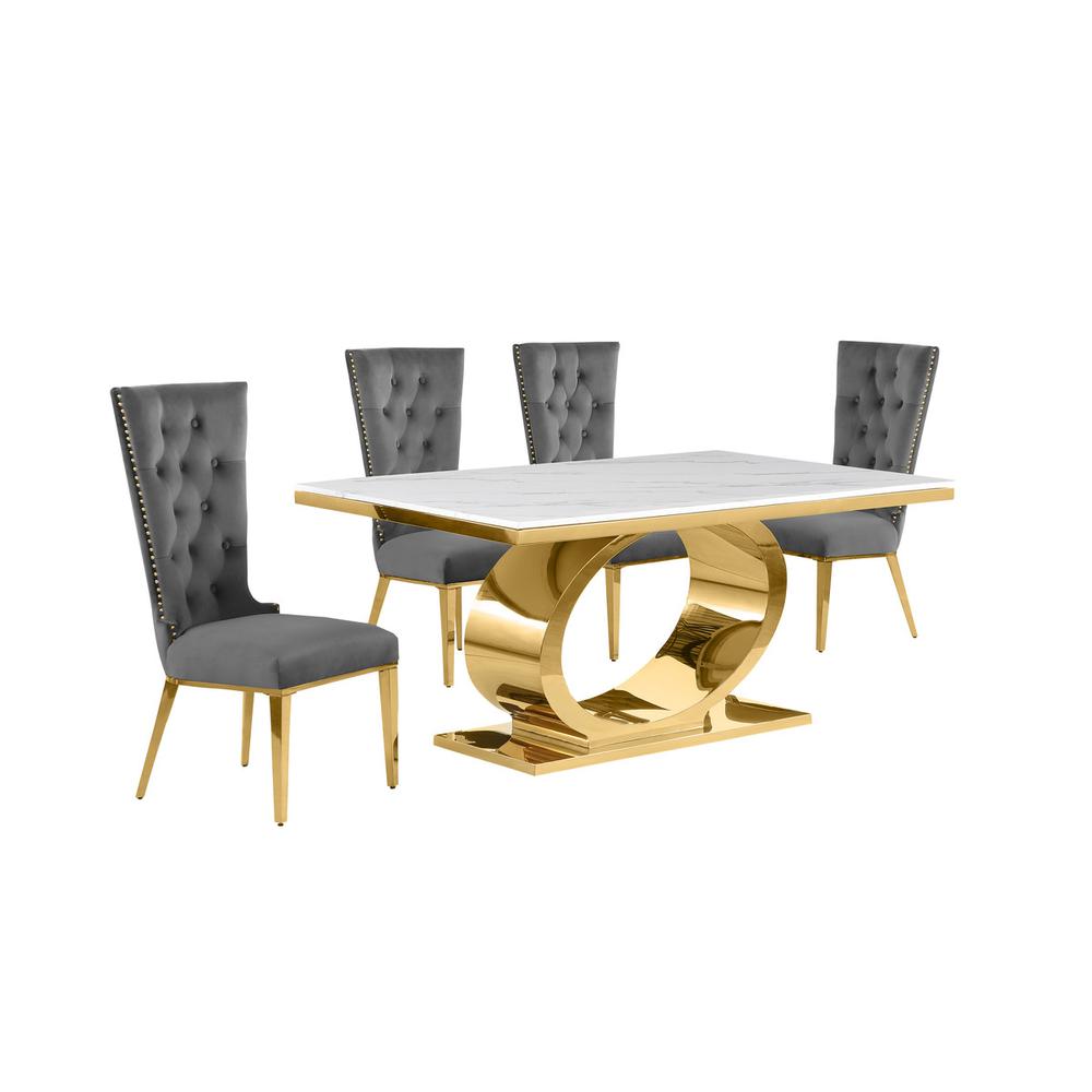 5pc Small(68") marble top dining set with gold base and 4 Dark grey side chairs. Picture 1