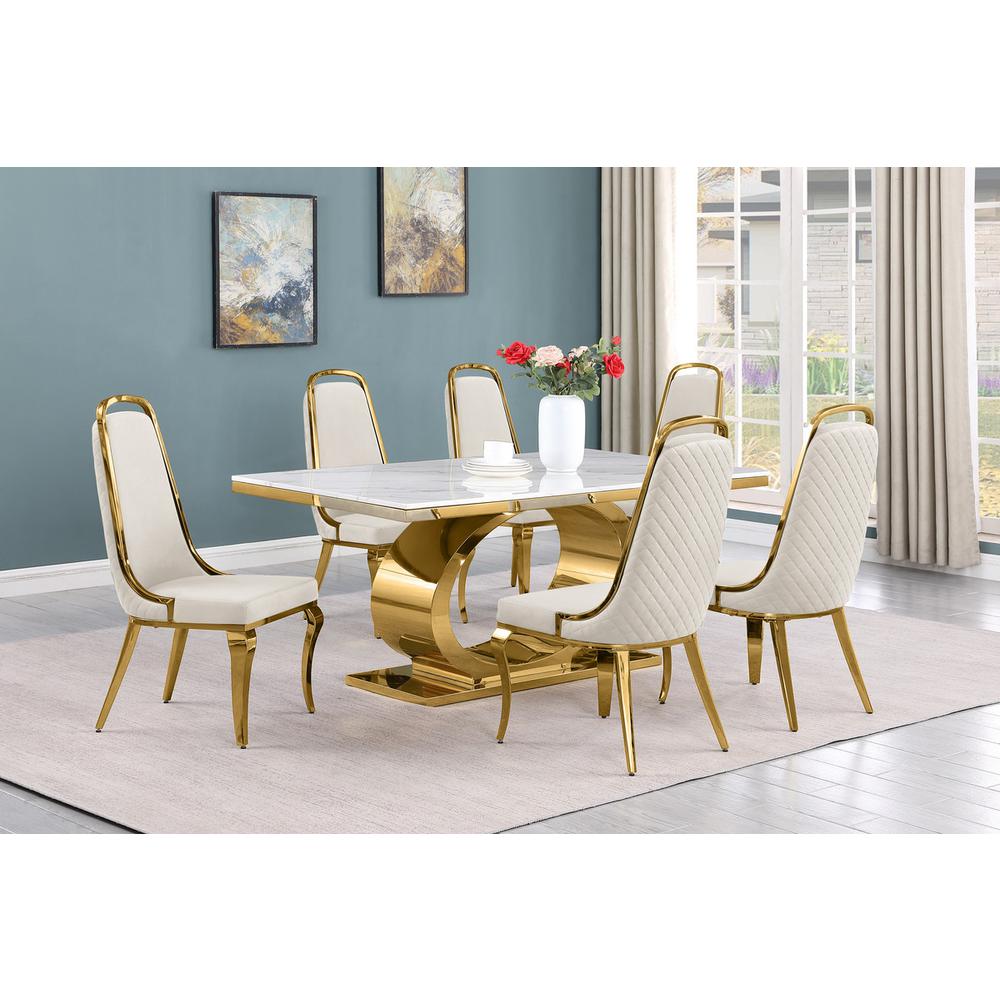 7pc Small(68") marble top dining set with gold base and 6 Cream side chairs. Picture 5