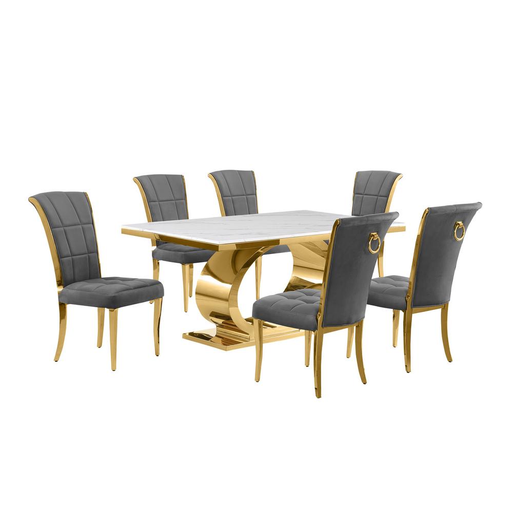 7pc Small(68") marble top dining set with gold base and 6 Dark grey side chairs. Picture 1