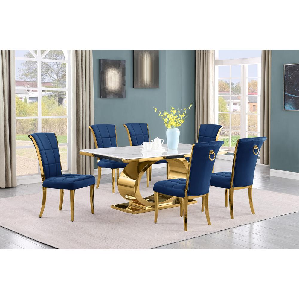 7pc Small(68") marble top dining set with gold base and 6 Navy blue side chairs. Picture 5