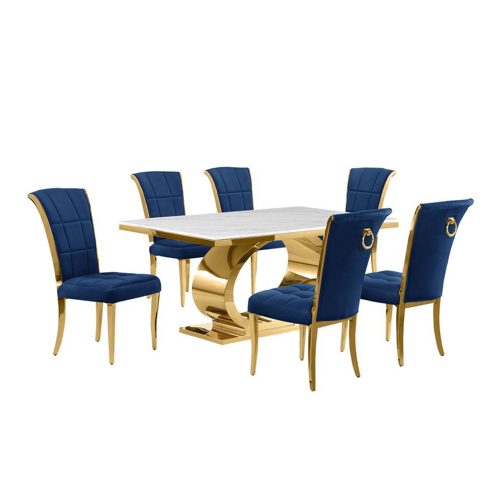 7pc Small(68") marble top dining set with gold base and 6 Navy blue side chairs. Picture 1