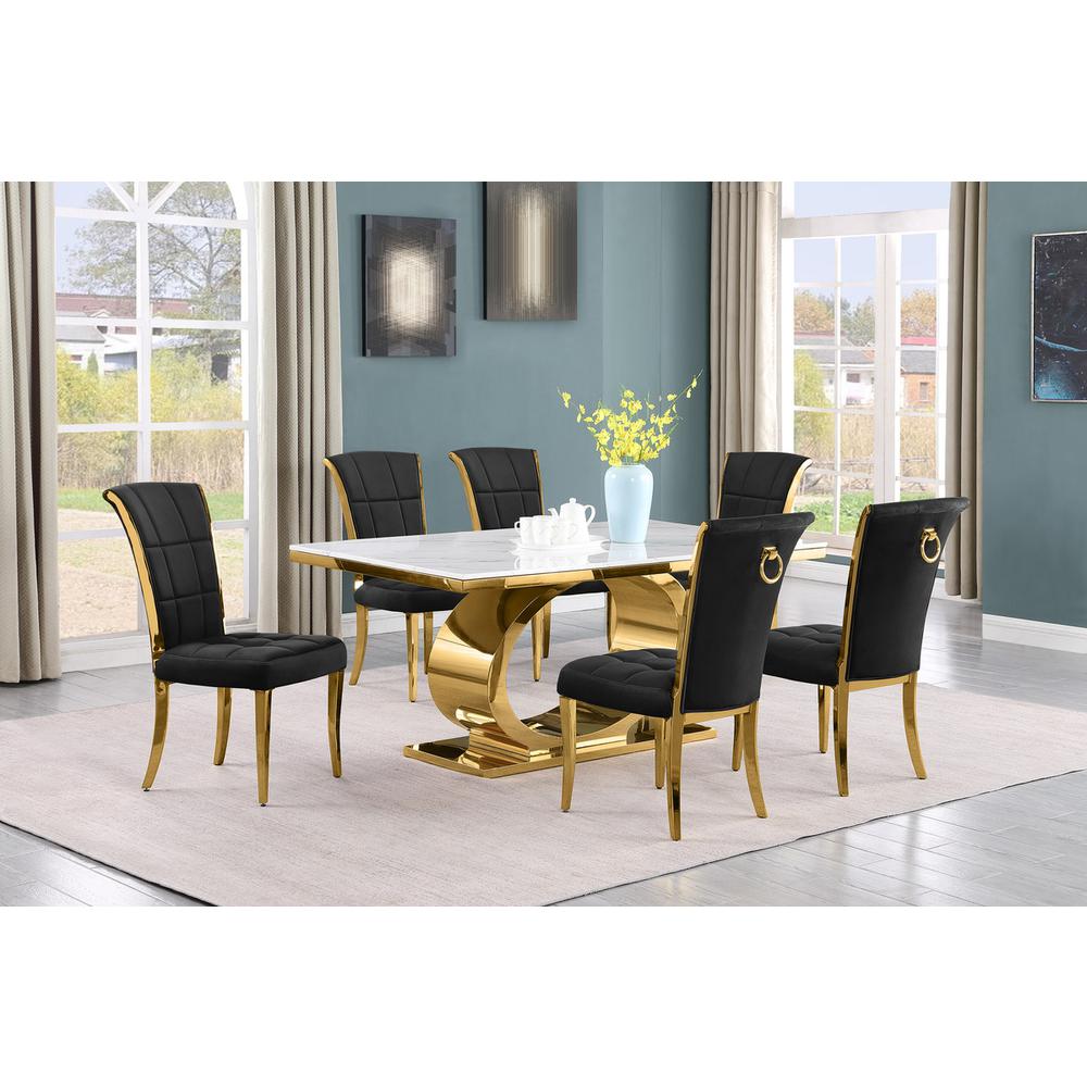 7pc Small(68") marble top dining set with gold base and 6 Black side chairs. Picture 5