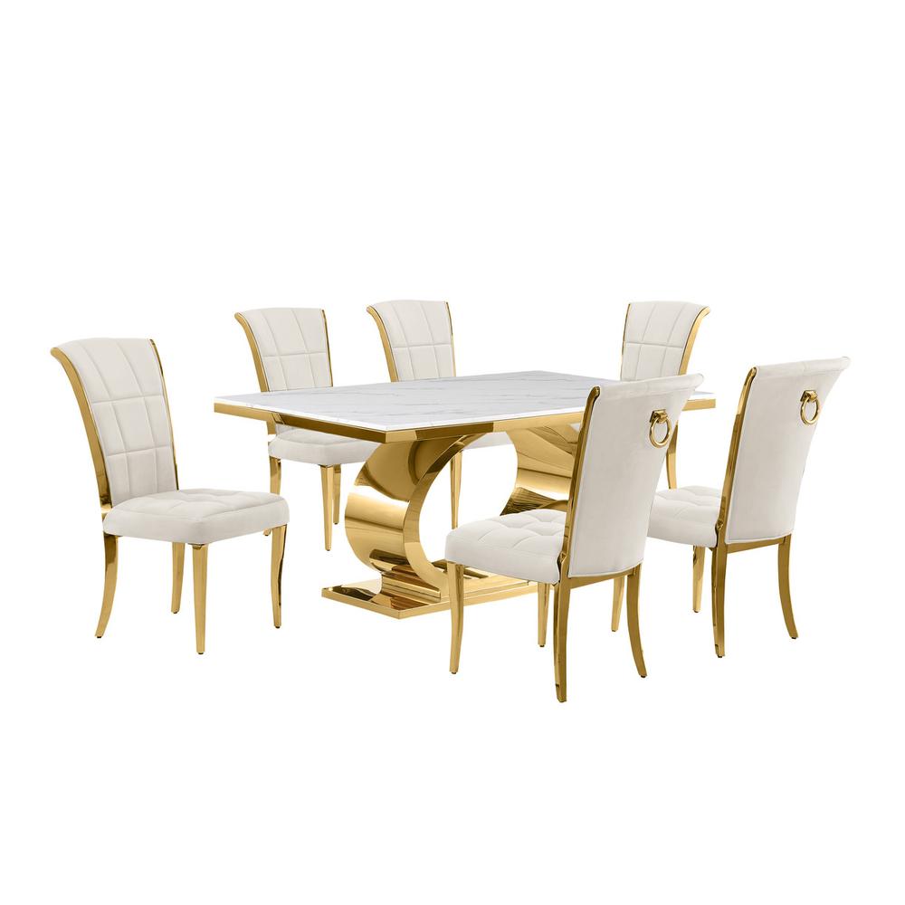 7pc Small(68") marble top dining set with gold base and 6 Cream side chairs. Picture 1