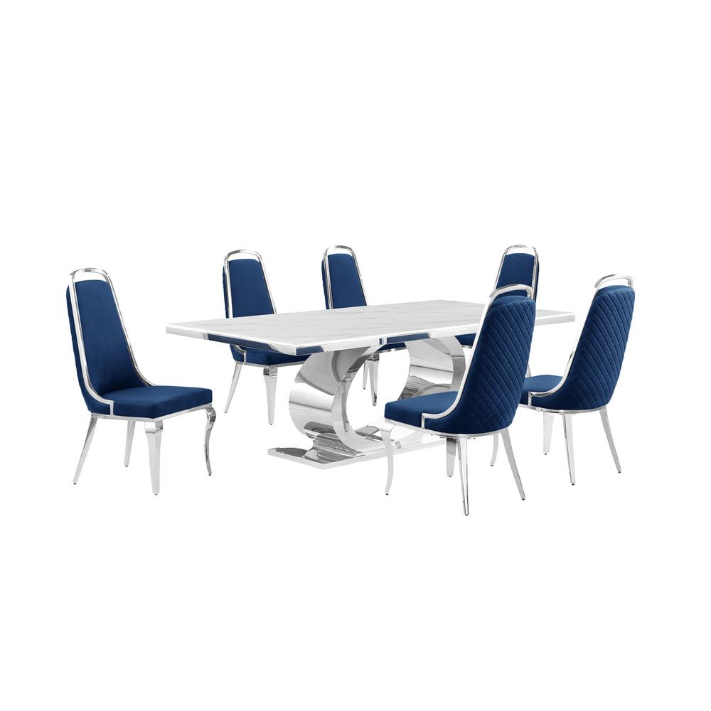 7pc Large (87") marble top dining set with silver base and 6 Navy blue chairs. Picture 1