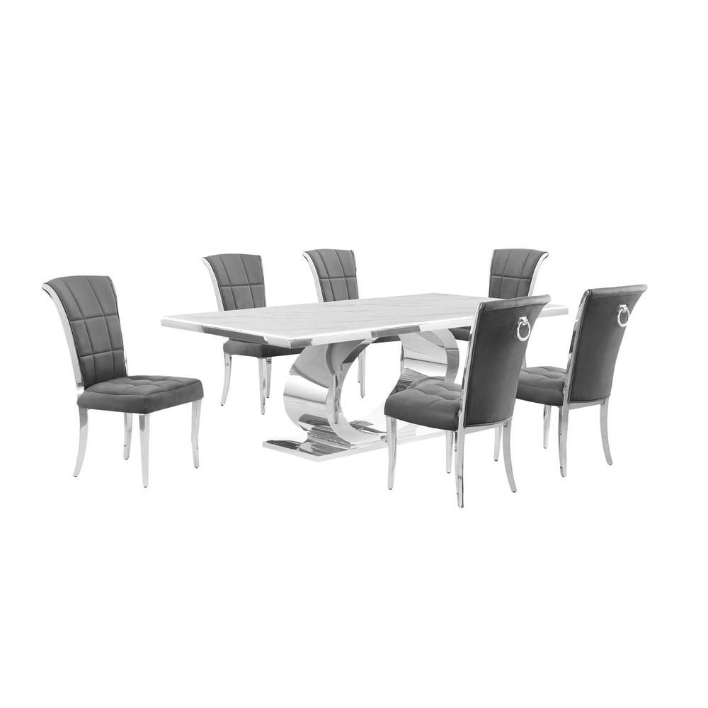7pc Large (87") marble top dining set with silver base and 6 Dark grey chairs. Picture 1