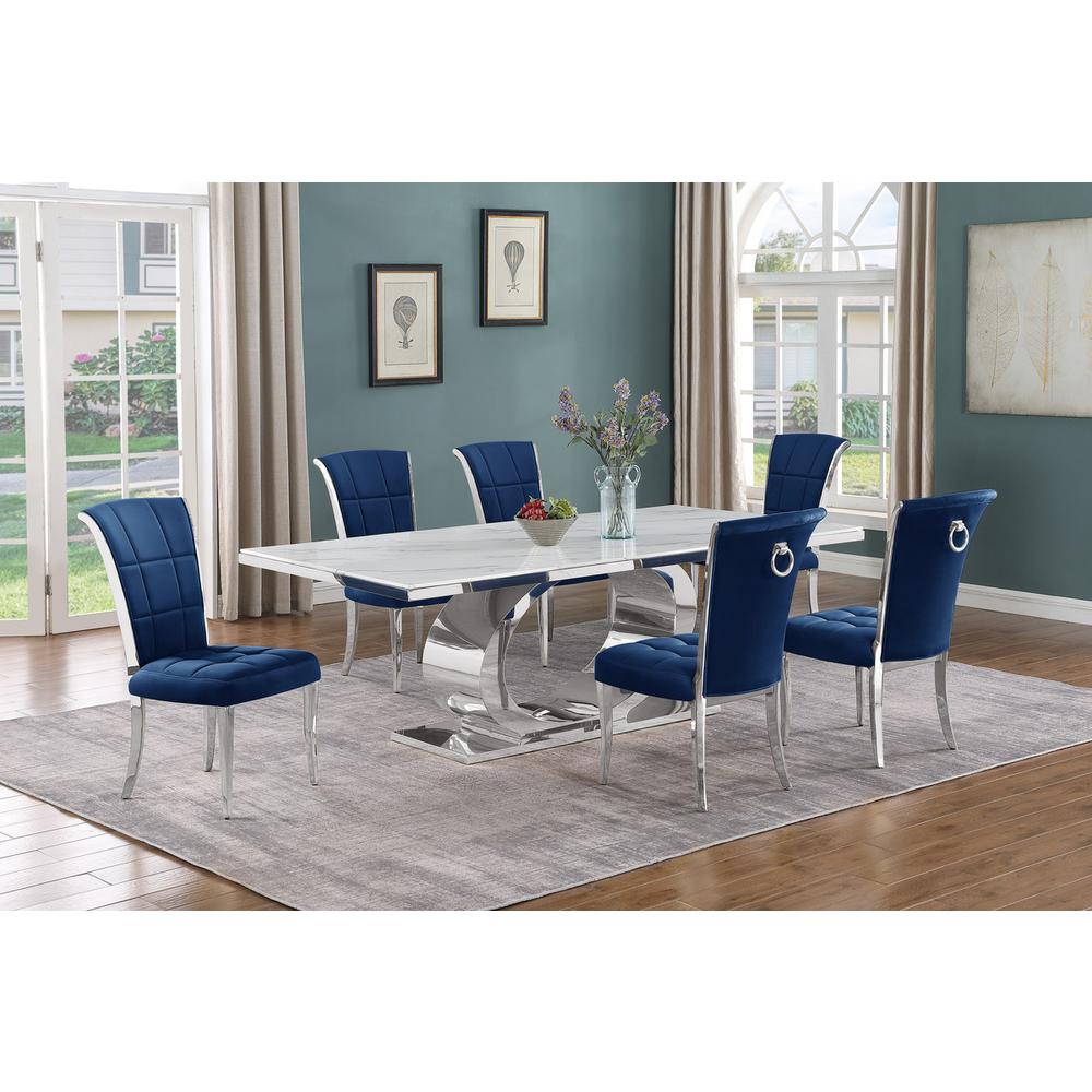 7pc Large (87") marble top dining set with silver base and 6 Navy blue chairs. Picture 5