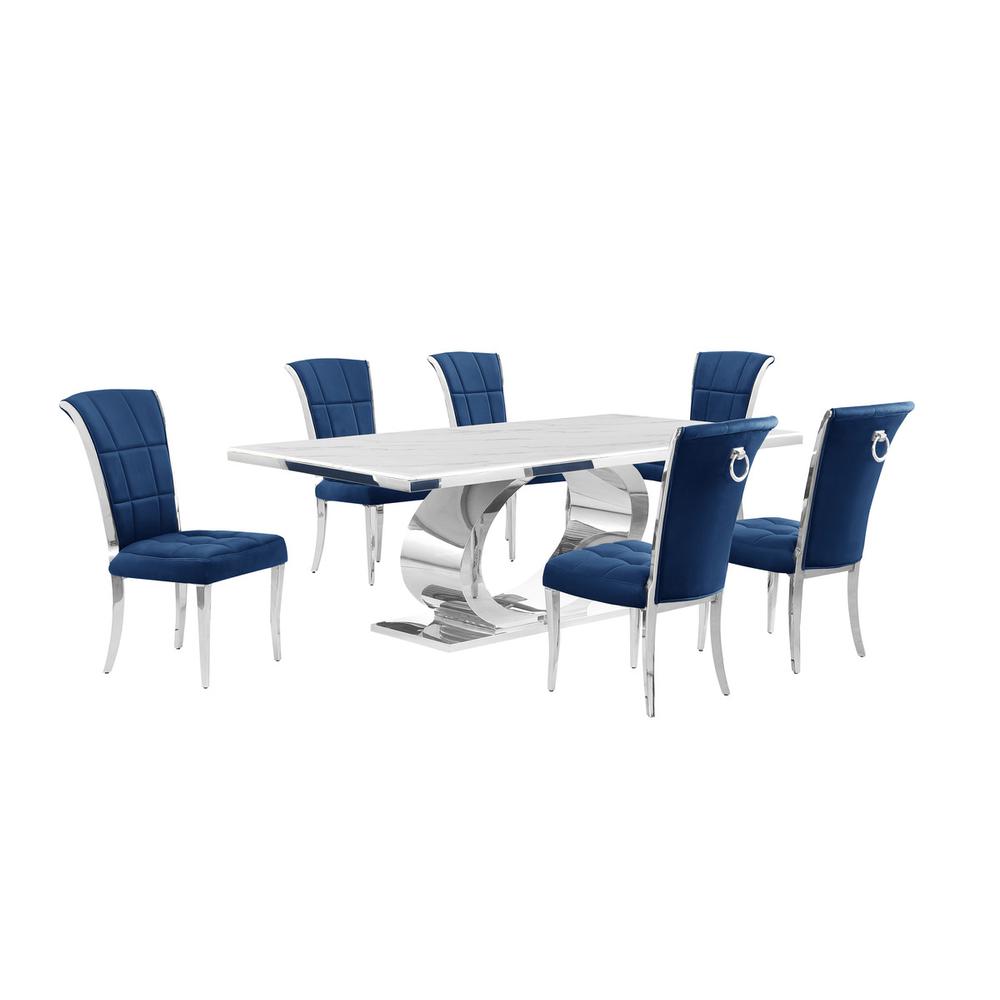 7pc Large (87") marble top dining set with silver base and 6 Navy blue chairs. Picture 1