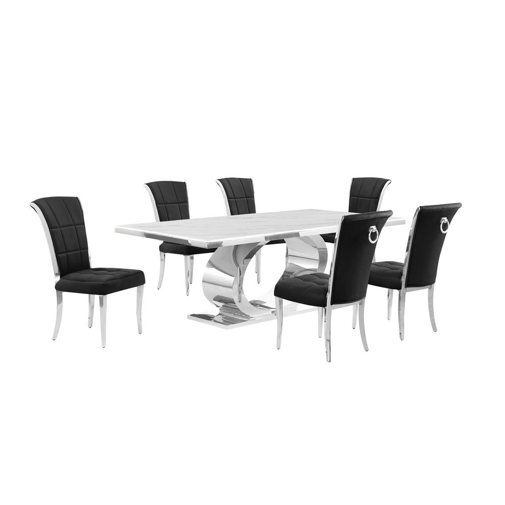 7pc Large (87") marble top dining set with silver base and 6 Black side chairs. Picture 1