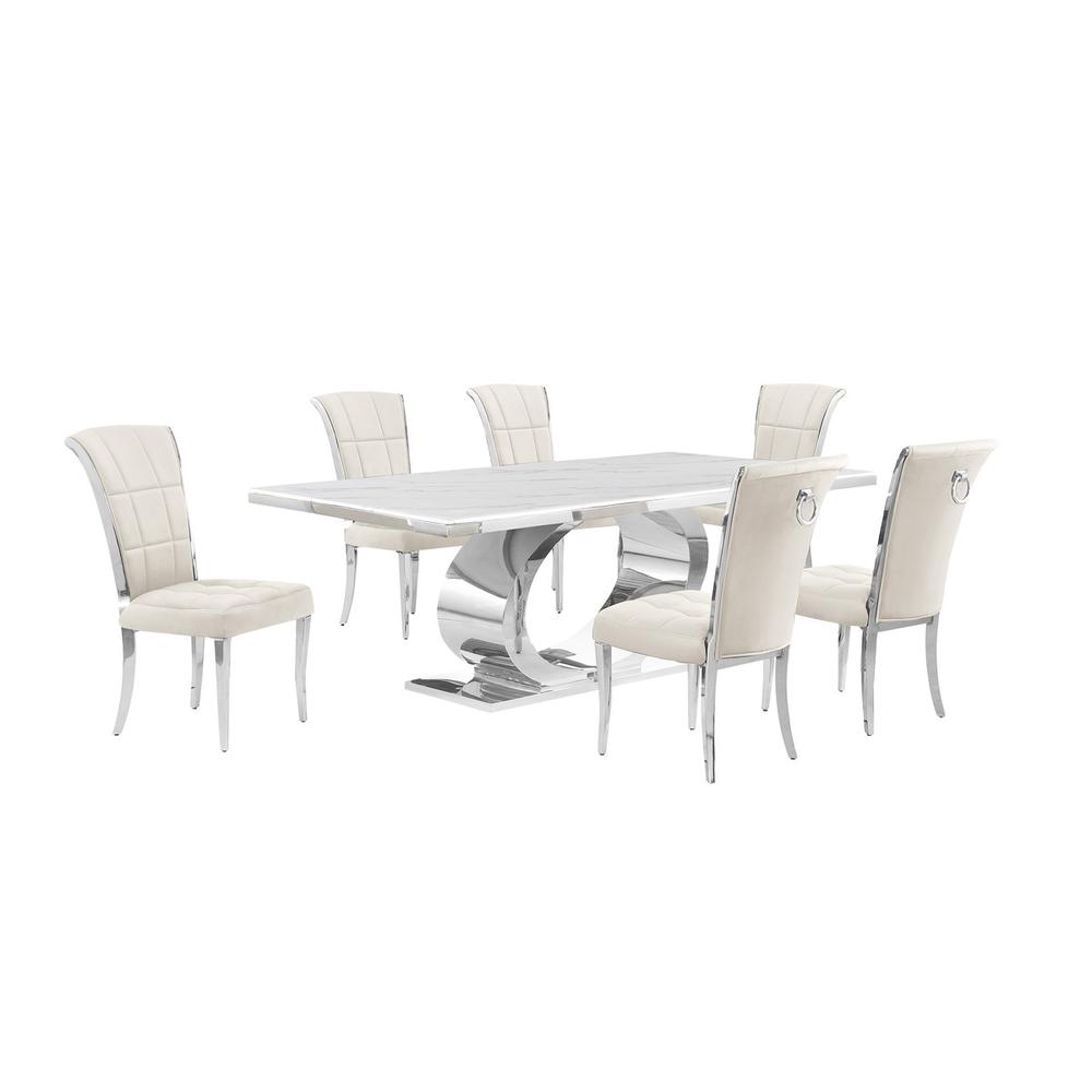 7pc Large (87") marble top dining set with silver base and 6 Cream side chairs. Picture 1