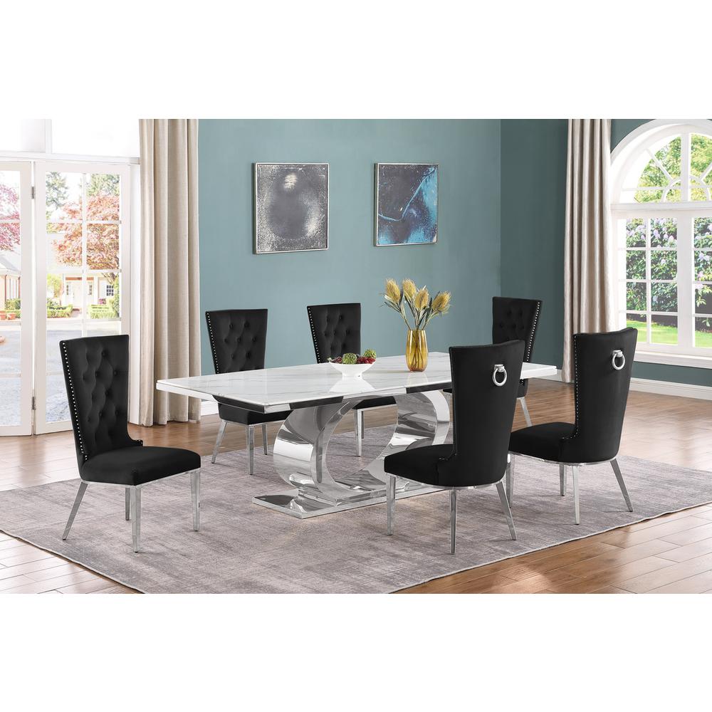 7pc Large(87") marble top dining set with silver base and 6 Black side chairs. Picture 5