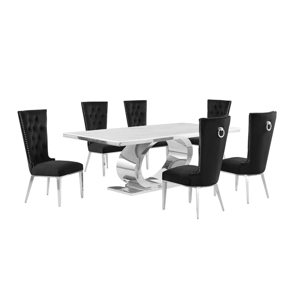7pc Large(87") marble top dining set with silver base and 6 Black side chairs. Picture 1