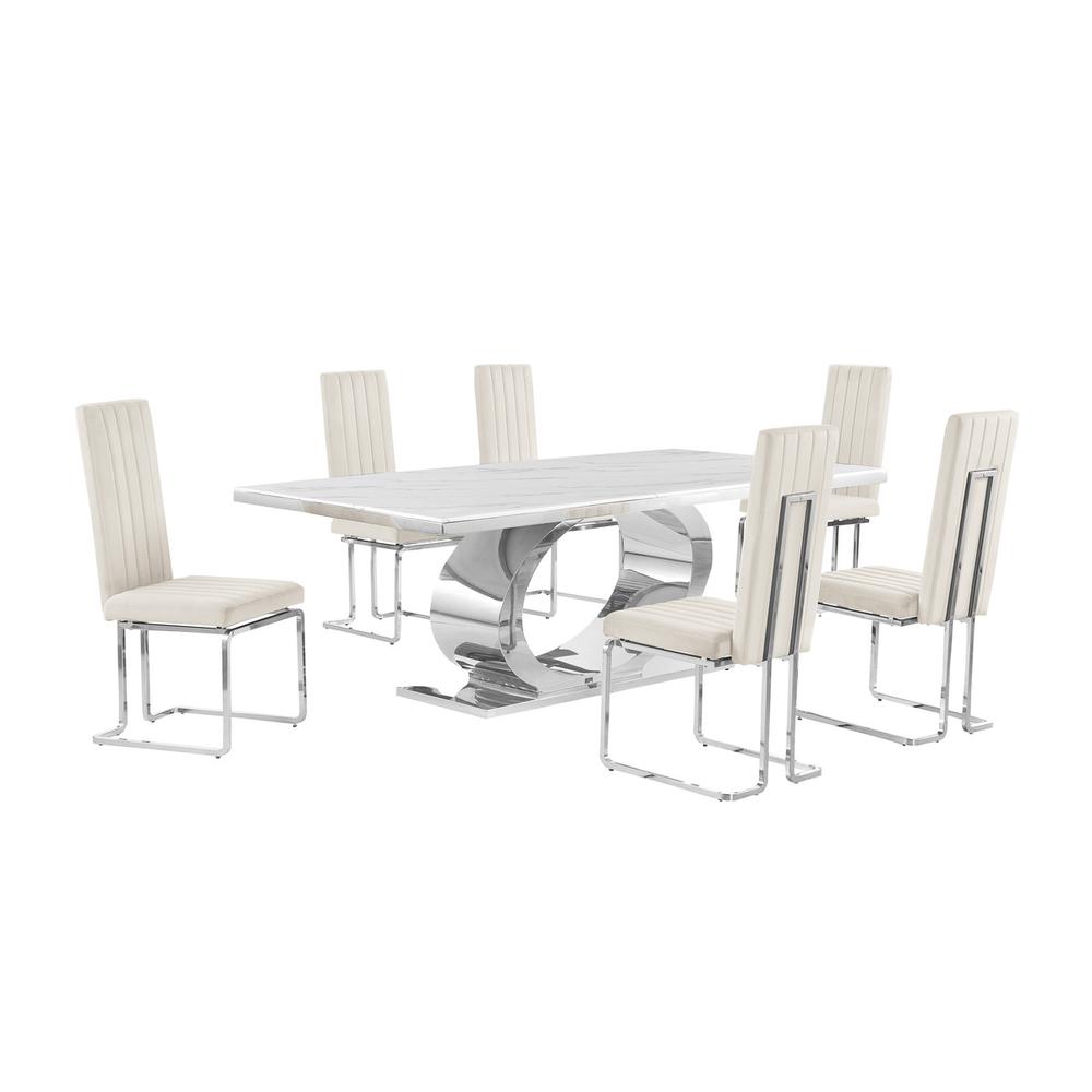 7pc Large(87") marble top dining set with silver base and 6 Cream side chairs. Picture 1