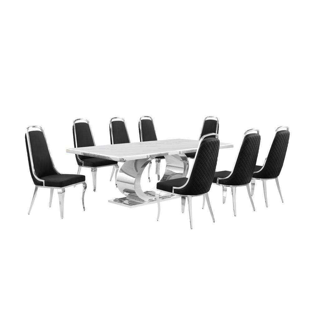 9pc Large(87") marble top dining set with silver base and 8 Black side chairs. Picture 1