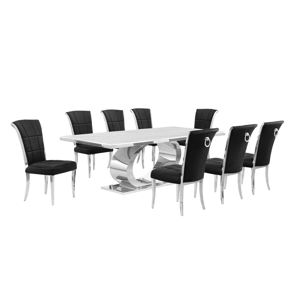 9pc Large (87") marble top dining set with silver base and 8 Black side chairs. Picture 1