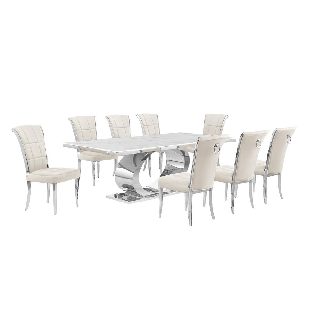 9pc Large (87") marble top dining set with silver base and 6 Cream side chairs. Picture 1