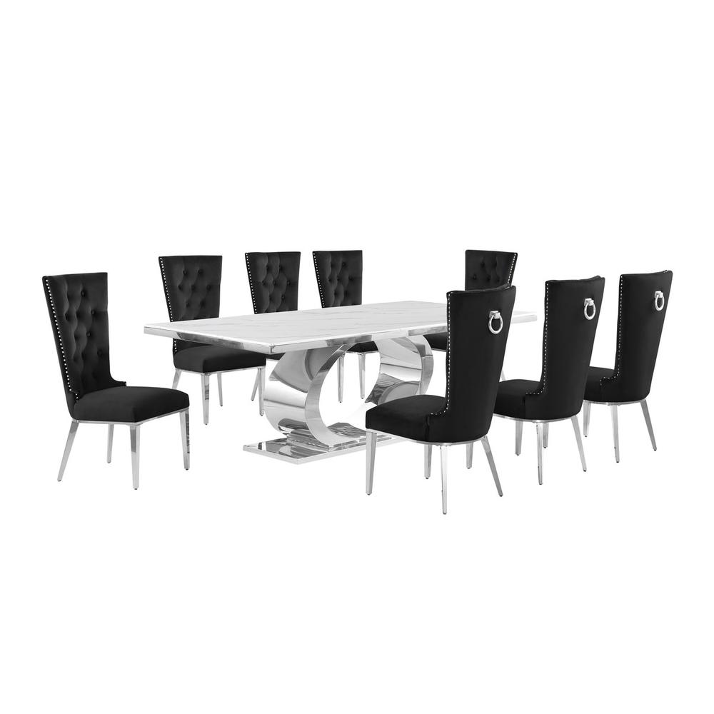 9pc Large(87") marble top dining set with silver base and  8 Black side chairs. Picture 1