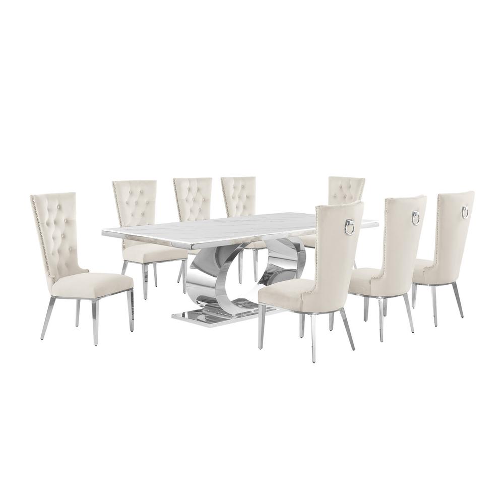 9pc Large(87") marble top dining set with silver base and  8 Cream side chairs. Picture 1