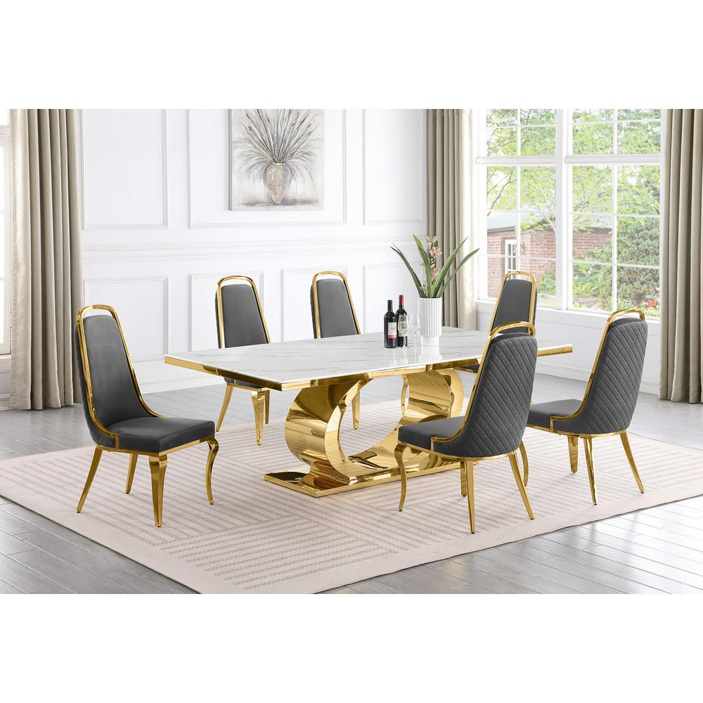 7pc Large (87") marble top dining set with gold base and 6 Dark grey side chairs. Picture 5