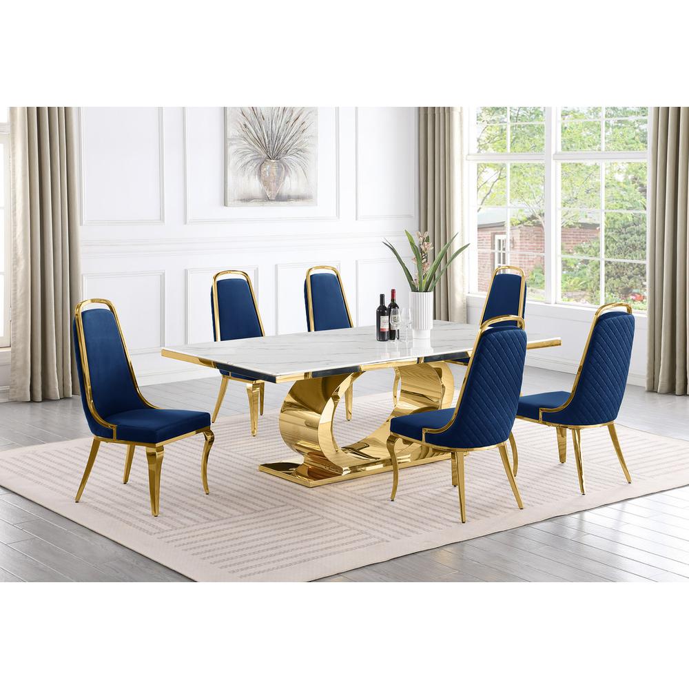 7pc Large (87") marble top dining set with gold base and 6 Navy blue side chairs. Picture 5