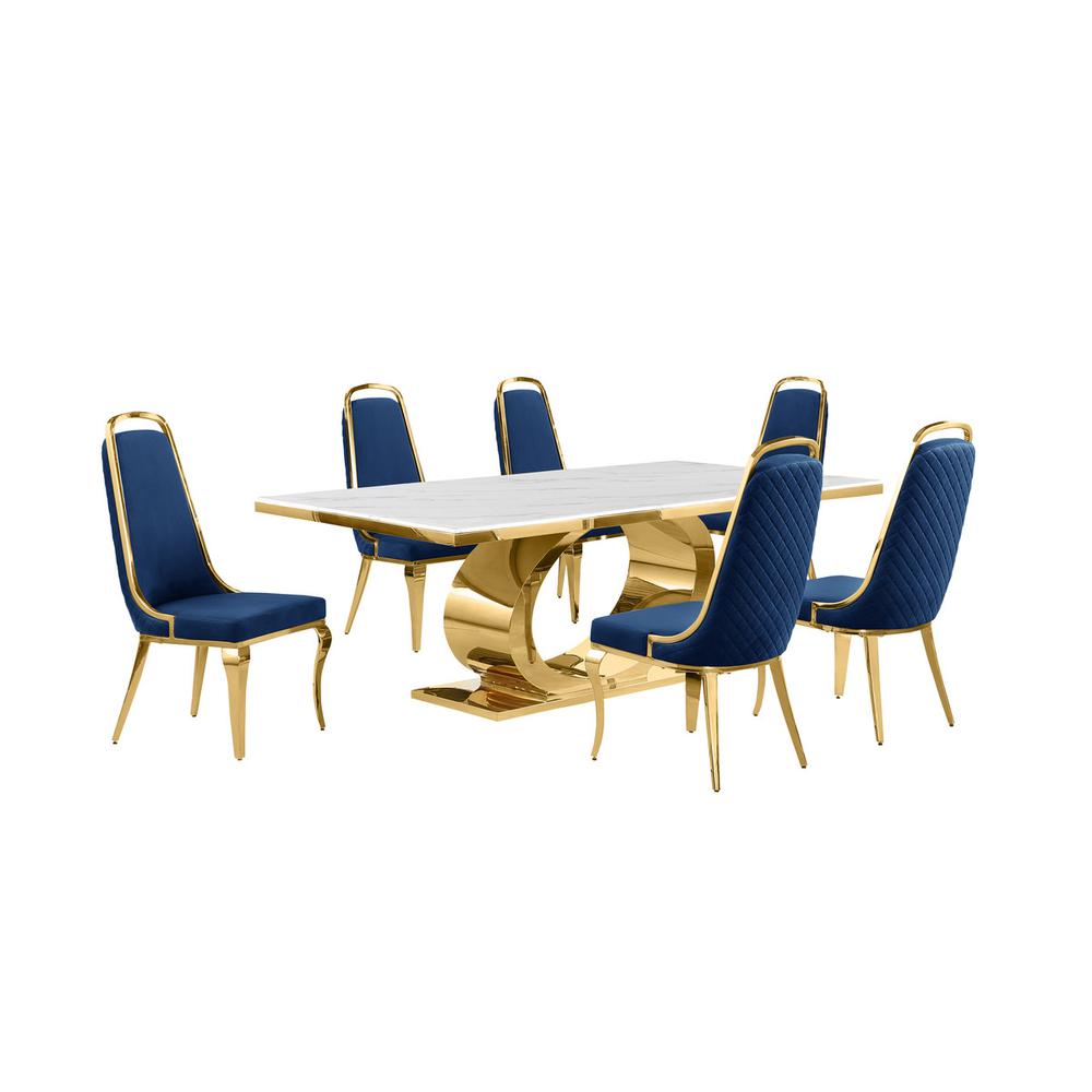 7pc Large (87") marble top dining set with gold base and 6 Navy blue side chairs. Picture 1
