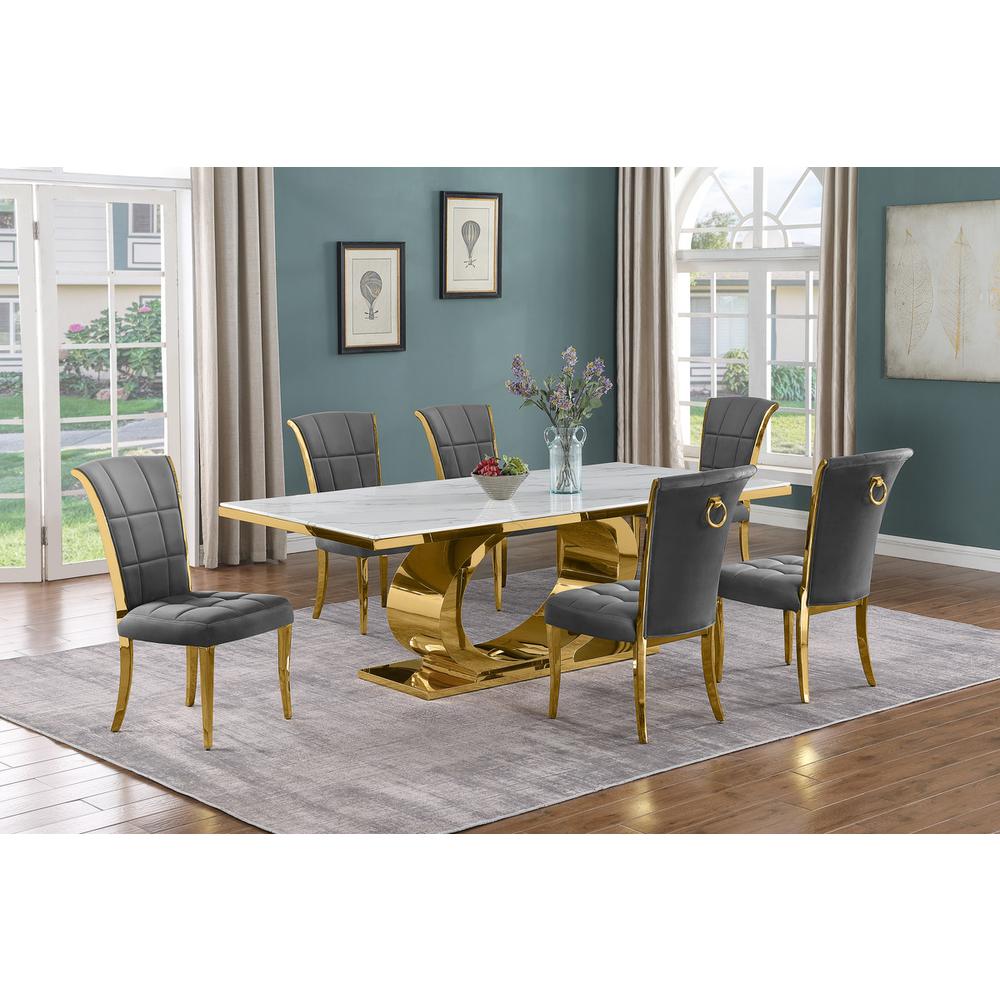 7pc Large(87") marble top dining set with gold base and 6 Dark grey side chairs. Picture 5