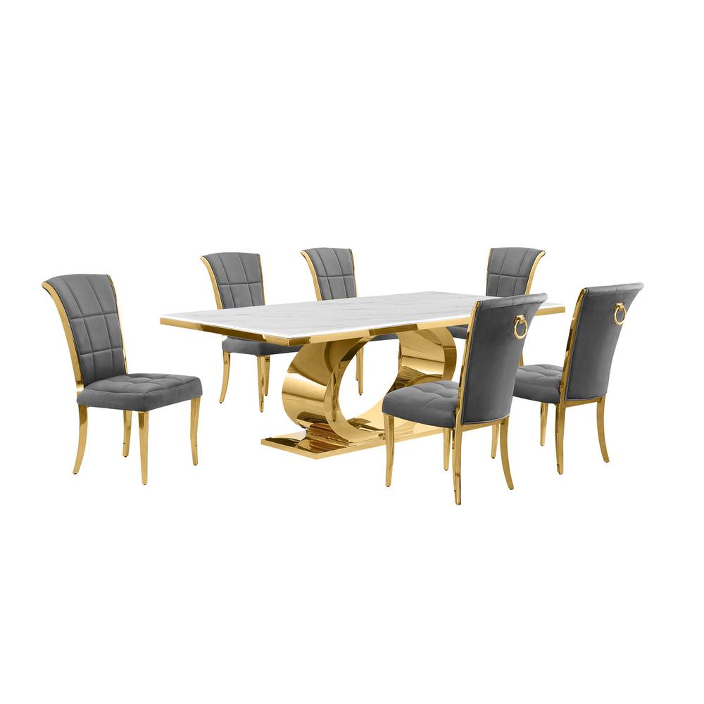 7pc Large(87") marble top dining set with gold base and 6 Dark grey side chairs. Picture 1