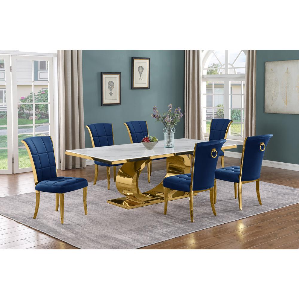 7pc Large(87") marble top dining set with gold base and 6 Navy blue side chairs. Picture 5