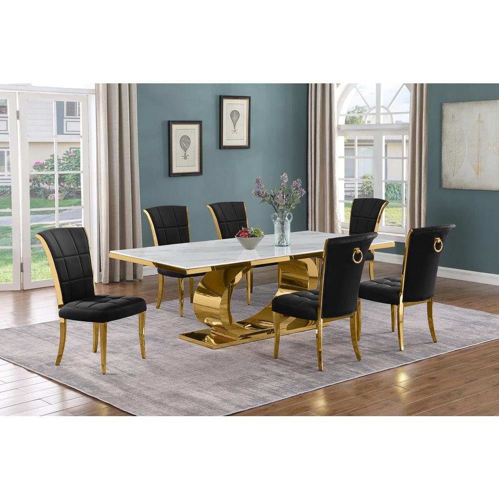 7pc Large(87") marble top dining set with gold base and 6 Black side chairs. Picture 5