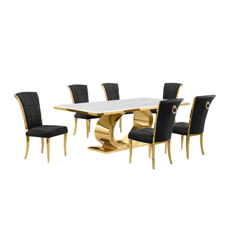 7pc Large(87") marble top dining set with gold base and 6 Black side chairs. Picture 1