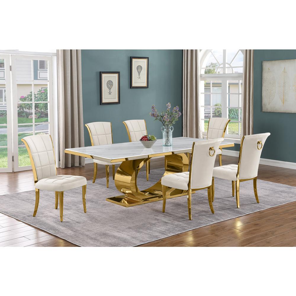 7pc Large(87") marble top dining set with gold base and 6 Cream side chairs. Picture 5