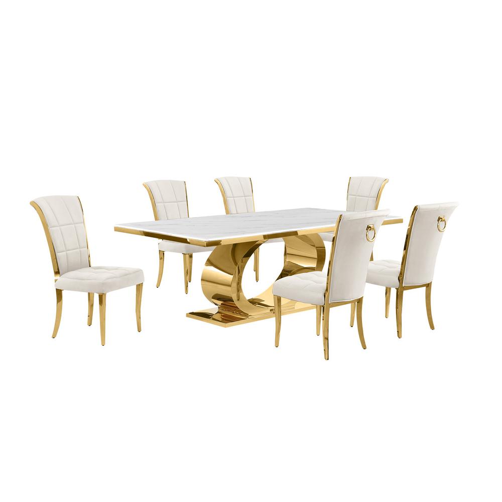 7pc Large(87") marble top dining set with gold base and 6 Cream side chairs. Picture 1