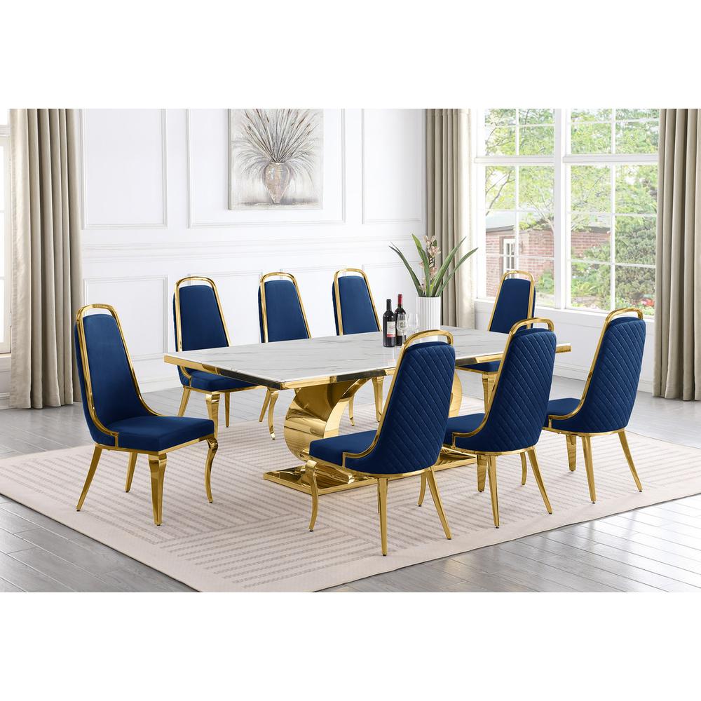9pc Large(87") marble top dining set with gold base and 8 Navy blue side chairs. Picture 5