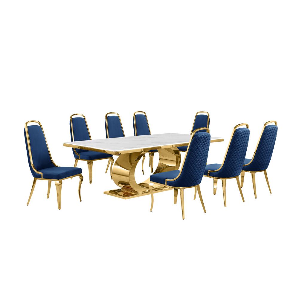 9pc Large(87") marble top dining set with gold base and 8 Navy blue side chairs. Picture 1