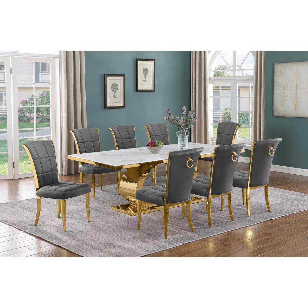 9pc Large(87") marble top dining set with gold base and 8 Dark grey side chairs. Picture 5