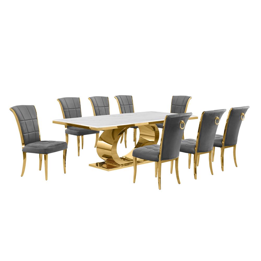 9pc Large(87") marble top dining set with gold base and 8 Dark grey side chairs. Picture 1