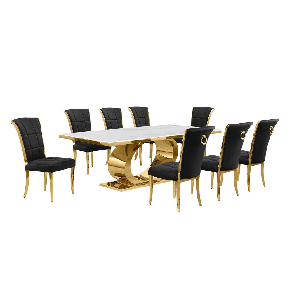 9pc Large(87") marble top dining set with gold base and 8 Black side chairs. Picture 1