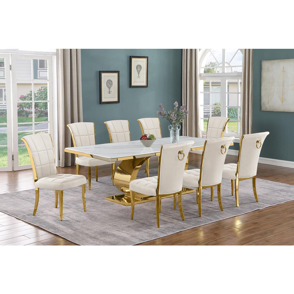 9pc Large(87") marble top dining set with gold base and 8 Cream side chairs. Picture 5