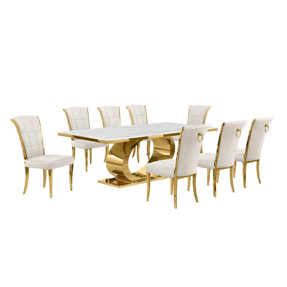 9pc Large(87") marble top dining set with gold base and 8 Cream side chairs. Picture 1