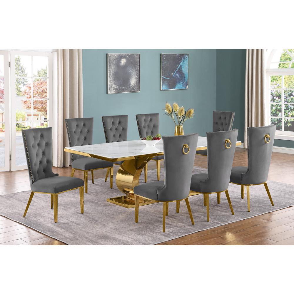9pc Large(87") marble top dining set with gold base and 8 Dark grey side chairs. Picture 5