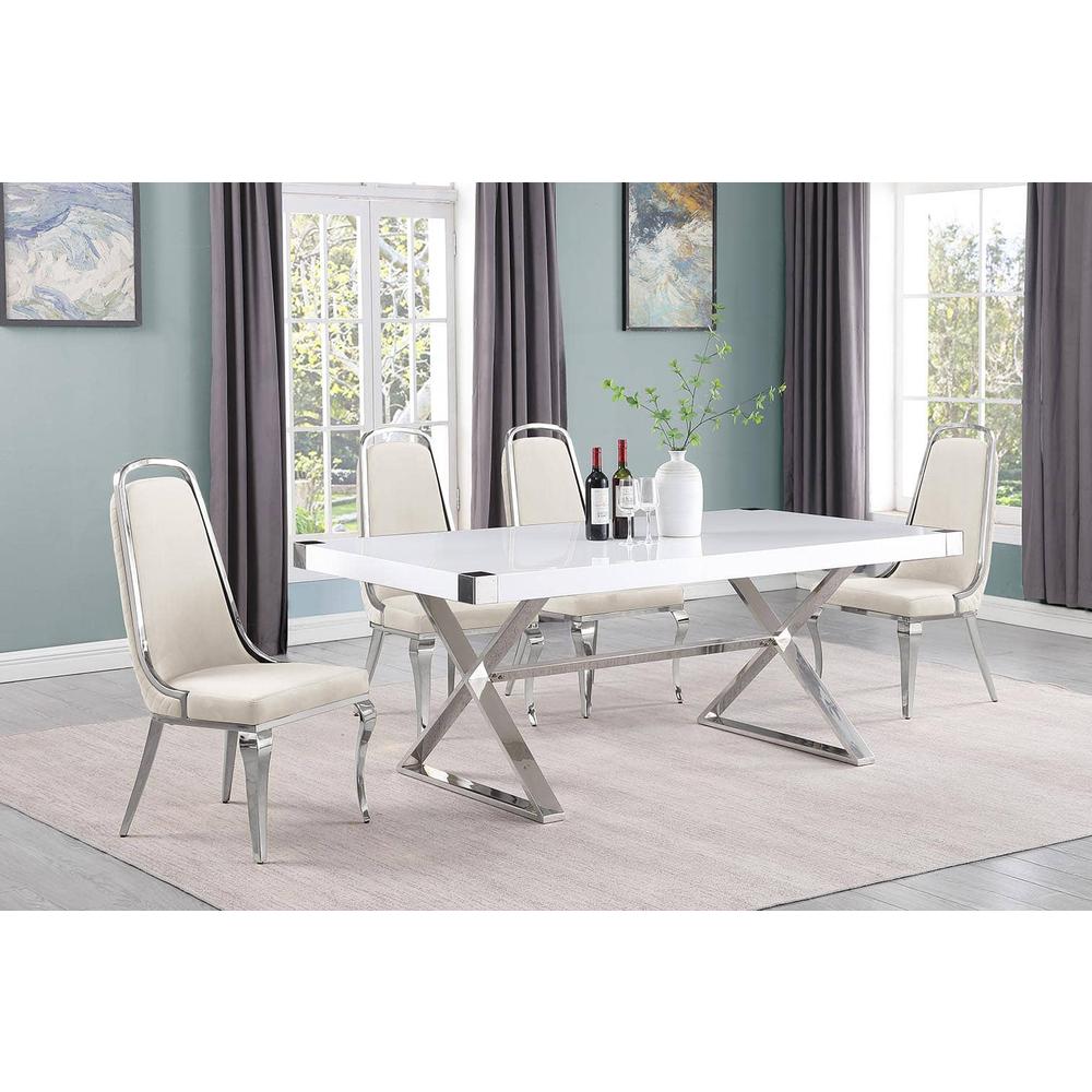5pc Small(78") white wood top dining set with silver base and 4 side chairs. Picture 1
