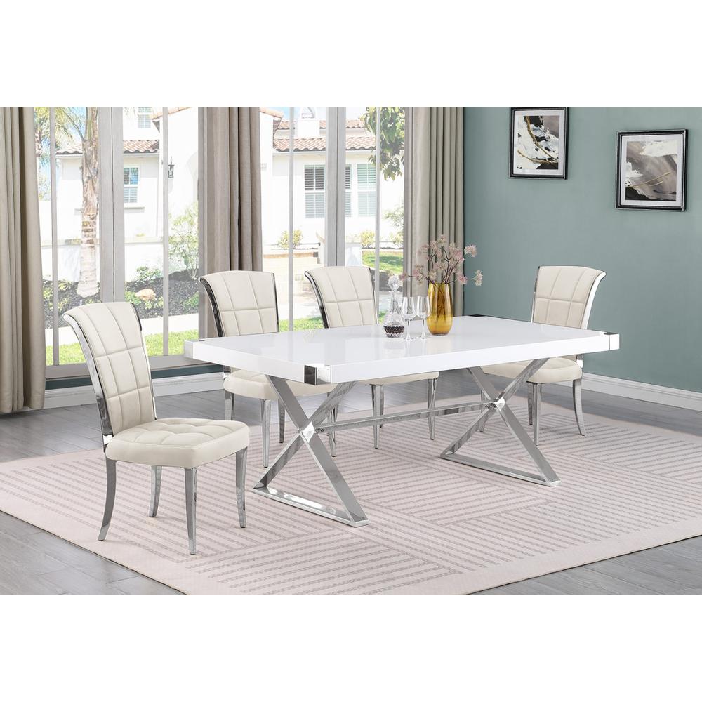 5pc Small(78") white wood top dining set with silver base and 4 chairs. Picture 4