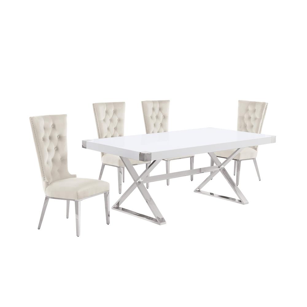 5pc Small(78") white wood top dining set with silver base and 4 chairs. Picture 1